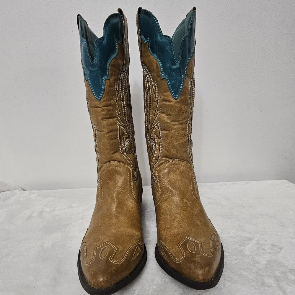Coconuts by Matisse Cimmaron Teal Tan Color Boho Western Cowgirl Boots - Picture 2 of 16